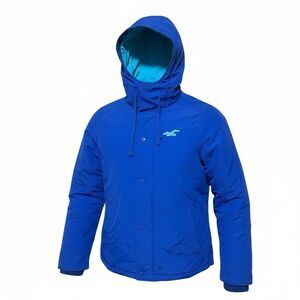 Hollister Winter Jacket Men’s Size L Y2K Hooded Blue Fleece Lined Zip Snap Coat
